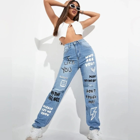 SHEIN Denim - Shein Slogan Graphic Ripped Jeans Woman's Size XS